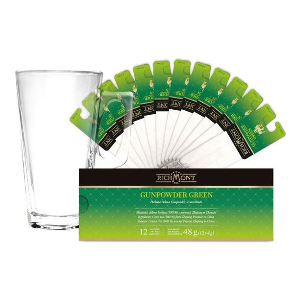 ZESTAW Herbata Richmont Gunpowder Green 12 saszeteek + Szklanka Richmont Hot 370ml