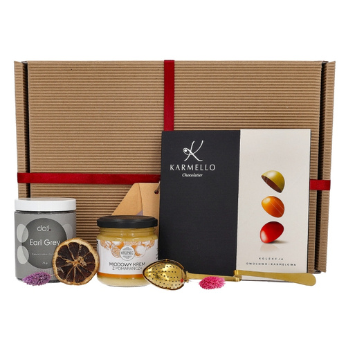 Zestaw prezentowy dla kobiety - Herbata, zaparzacz, miód i czekoladki
