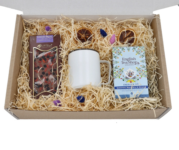 Zestaw prezentowy dla szefa - Biały kubek herbata i czekolada