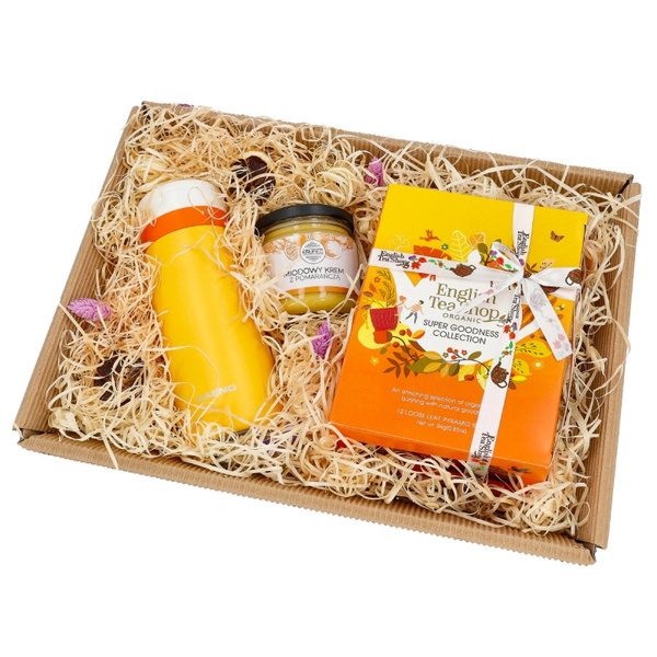 Zestaw prezentowy z żółtą butelką termiczną, herbatą i miodem z pomarańczą
