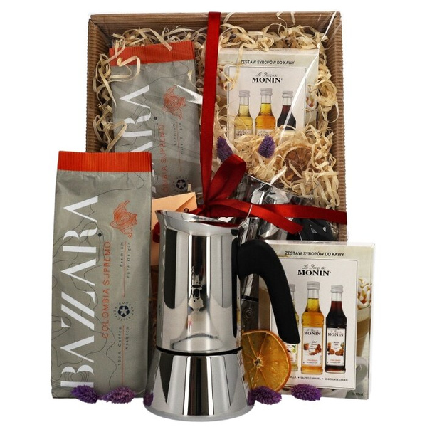 Zestaw prezentowy z kawiarką Bialetti, kawą mieloną i syropami Monin