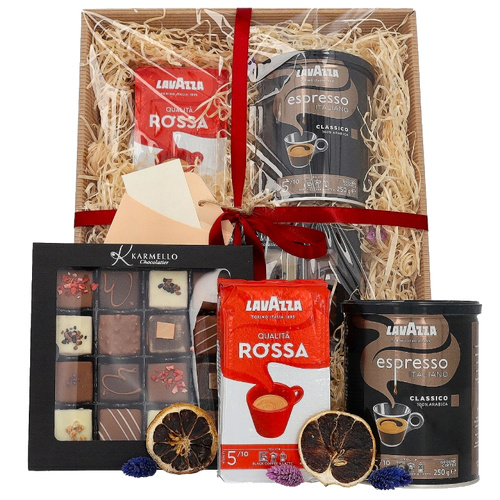 Zestaw prezentowy - Kawy mielone Lavazza i zestaw pralin Karmello