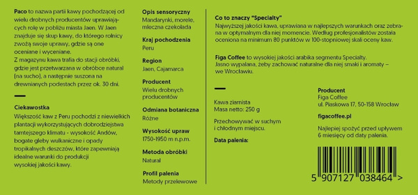 Kawa ziarnista Figa Coffee Peru Paco Natural FILTR 250g – NIEDOSTĘPNY