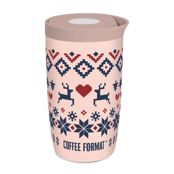 Kubek termiczny Coffee Format 350 ml - Różowy z motywem świątecznym