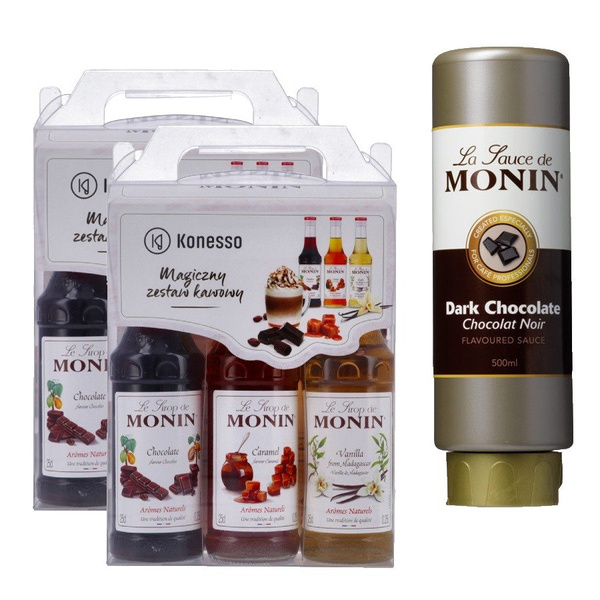 2x Zestaw kawowy Konesso Monin 3x250 ml - karmel, czekolada, wanilia + Sos DARK CHOCOLATE MONIN 0,5 L