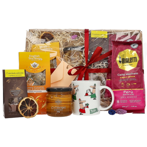 Zestaw prezentowy na urodziny - Kawa, herbata, kubek, miód i czekolada