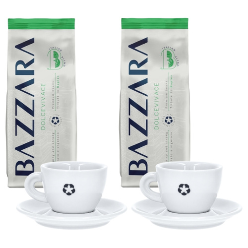 ZESTAW - 2x Kawa ziarnista Bazzara DOLCEVIVACE 1kg + 2x Filiżanka do cappuccino z logo Bazzara 160 ml