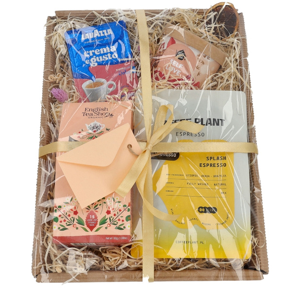 Zestaw prezentowy dla kobiety - Kawa ziarnista, kawa mielona, herbata i miód
