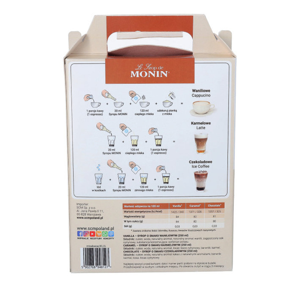 Zestaw syropów Monin 3x250 ml - karmel, czekolada, wanilia - NIEDOSTĘPNY