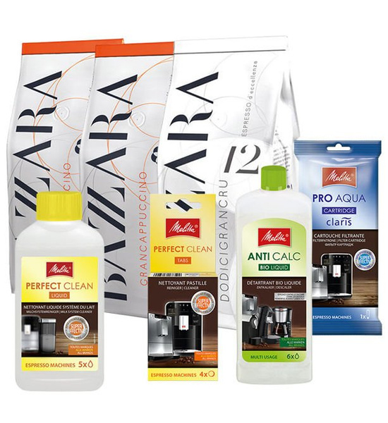 Pakiet do konserwacji ekspresów Melitta + 3kg kawy ziarnistej Bazzara i syropy do kawy