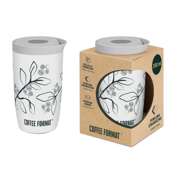 Kubek termiczny Coffee Format 350 ml - Biały z motywem roślin