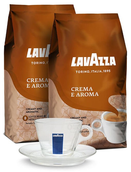 ZESTAW - Kawa Lavazza Crema e Aroma 2x1kg + Filiżanka szklana Lavazza cappuccino 160ml