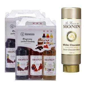 2x Zestaw kawowy Konesso Monin 3x250 ml - karmel, czekolada, wanilia + Sos WHITE CHOCOLATE MONIN 0,5 L