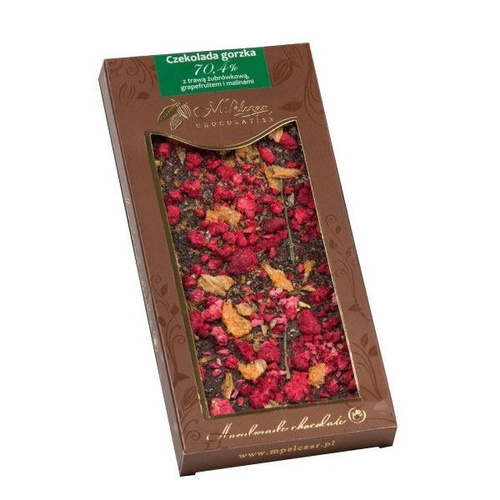 Gorzka czekolada M.Pelczar Chocolatier z trawą żubrówkową,  grejpfrutem i malinami 85g