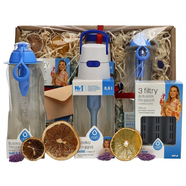 Zestaw prezentowy Dafi - Niebieskie butelki, nakrętka i filtry