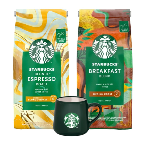 ZESTAW - Kawa ziarnista STARBUCKS® Blonde Roast Espresso 450g + Kawa ziarnista STARBUCKS® Breakfast Blend 450g + Kubek Starbucks 80 ml