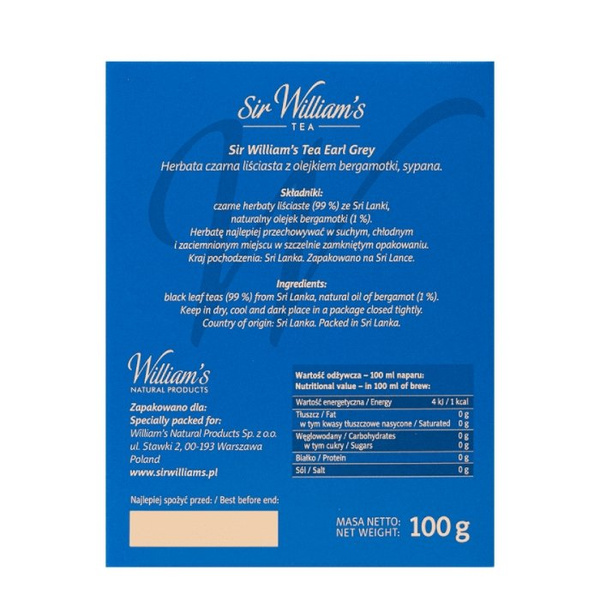 Czarna herbata liściasta Sir Williams Tea Earl Grey 100g