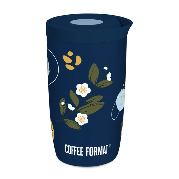 Kubek termiczny Coffee Format 350 ml - Niebieski z motywem roślin i kwiatów