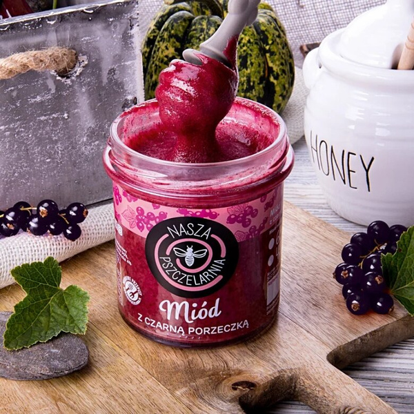 Miód z czarną porzeczką Nasza Pszczelarnia w kolorowym opakowaniu 420g