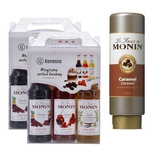 2x Zestaw kawowy Konesso Monin 3x250 ml - karmel, czekolada, wanilia + Sos CARAMEL MONIN 0,5 L