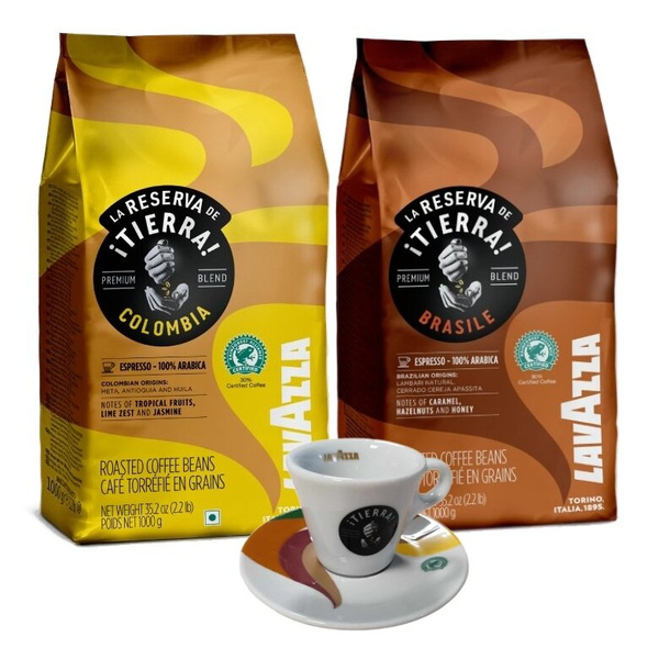 ZESTAW - kawa ziarnista Lavazza Tierra Brasil 100% Arabica  1kg + Lavazza Tierra Colombia 100% Arabica 1kg + filiżanka