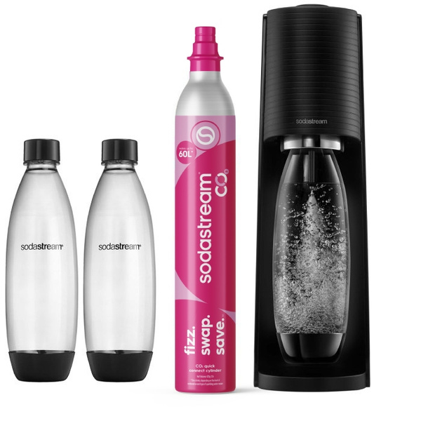 ZESTAW Saturator do wody gazowanej SodaStream Terra - Czarny + 2 butelki + Bawełniany worek + Torba + Syrop SodaStream Malina + Książka