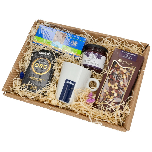 Zestaw prezentowy dla pracowników - Kubek, kawa, herbata, czekolada i miód