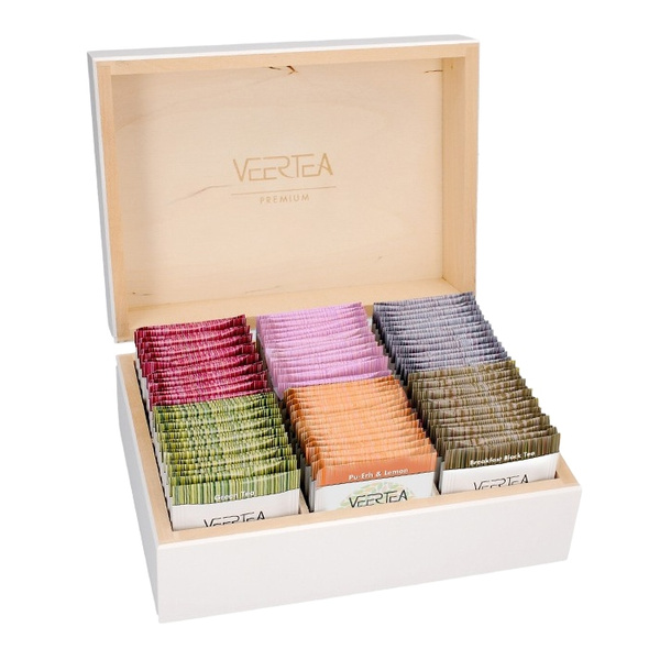 Drewniana skrzynka z herbatami Veertea 96 kopert - Biała
