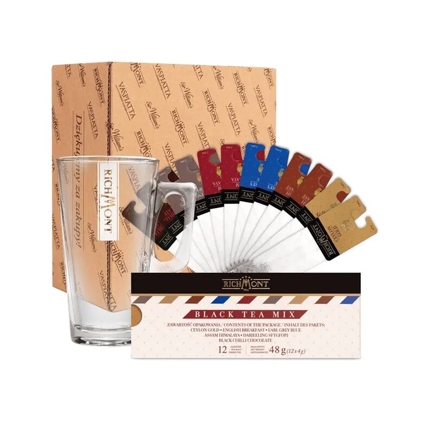 ZESTAW - MIX Czarnych Herbat Richmont 12 saszetek+ Szklanka Richmont Hot 370ml