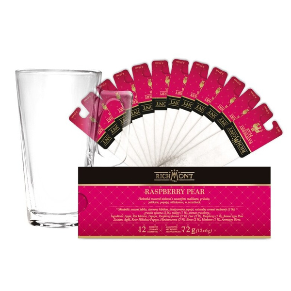 ZESTAW Herbata Richmont Raspberry Pear 12 saszetek + Szklanka Richmont Hot 370ml