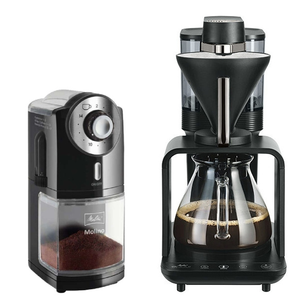 ZESTAW - Ekspres przelewowy Melitta® EPOUR® - Czarno - srebrny + Młynek do kawy Melitta 1019-02 Molino - Czarny