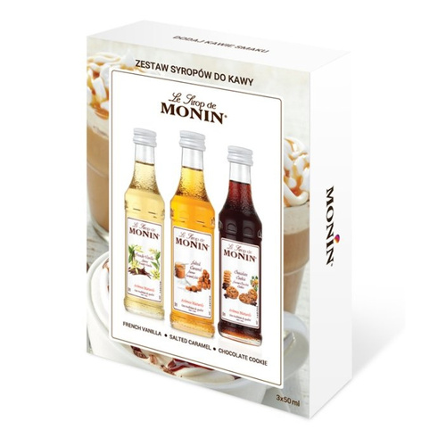 Zestaw kawowy Monin 3x50ml - słony karmel, ciasteczko czekoladowe, wanilia francuska
