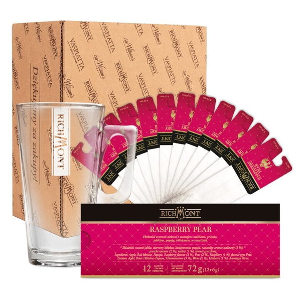 ZESTAW Herbata Richmont Raspberry Pear 12 saszetek + Szklanka Richmont Hot 370ml