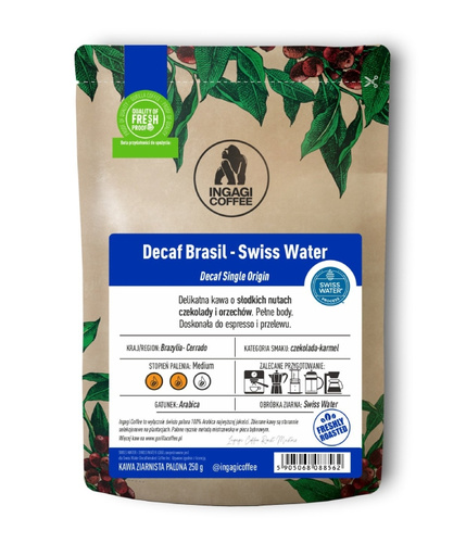 Kawa ziarnista Ingagi Coffee Decaf Brasil Swiss Water 250g - KAWA BEZKOFEINOWA