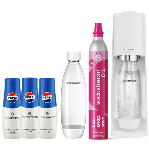 ZESTAW Saturator do wody gazowanej SodaStream Terra Biały + syropy Pepsi 3x440 ml