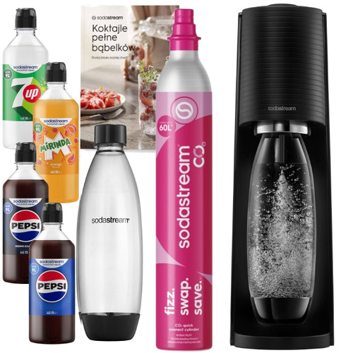 ZESTAW - Saturator do wody gazowanej SodaStream Terra - Czarny + 4 syropy + książka