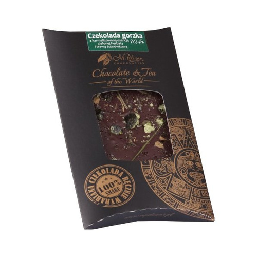 Gorzka czekolada M.Pelczar Chocolatier z karmelizowaną zielona herbatą i trawą żubrówkową 85g