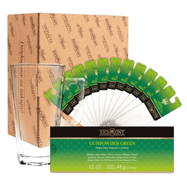 ZESTAW Herbata Richmont Gunpowder Green 12 saszeteek + Szklanka Richmont Hot 370ml
