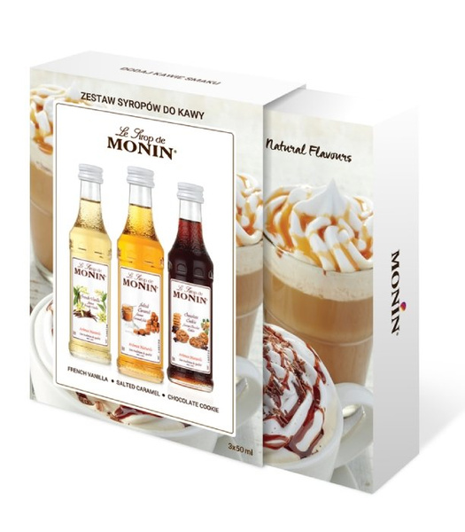 OUTLET - Zestaw kawowy Monin 3x50ml - słony karmel, ciasteczko czekoladowe, wanilia francuska