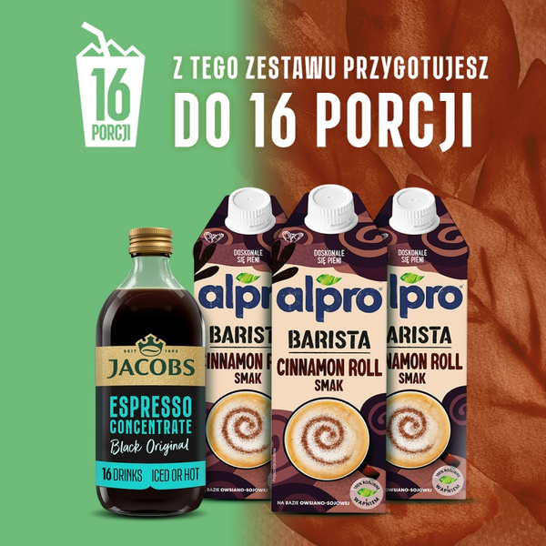 ZESTAW - Alpro Barista Cinnamon Roll Owsiano-Sojowe Cynamonka 750ml + Koncentrat kawowy Jacobs Espresso Concentrate Black Original 485ml