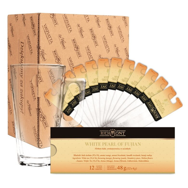 ZESTAW Herbata Richmont White Pearl of Fujian 12 saszetek + szklanka Richmont Hot 370ml