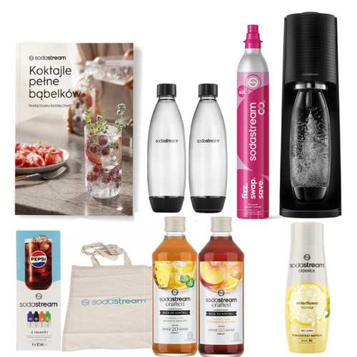 Saturator do wody gazowanej SodaStream Terra Czarny z dwoma butelkami + próbki syropów + torba + książka + 3 syropy/bazy