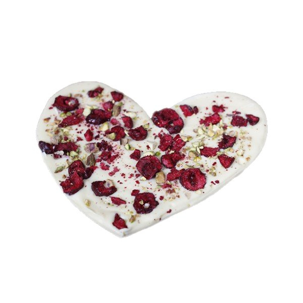 Serce z białej czekolady M.Pelczar Chocolatier dekorowane wiśniami i pistacjami 130g