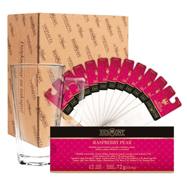 ZESTAW Herbata Richmont Raspberry Pear 12 saszetek + Szklanka Richmont Hot 370ml