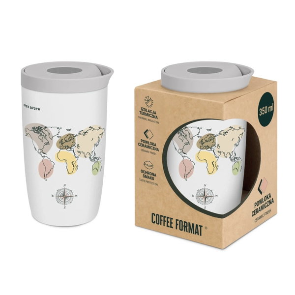 Kubek termiczny Coffee Format 350 ml - Biały z motywem mapy świata