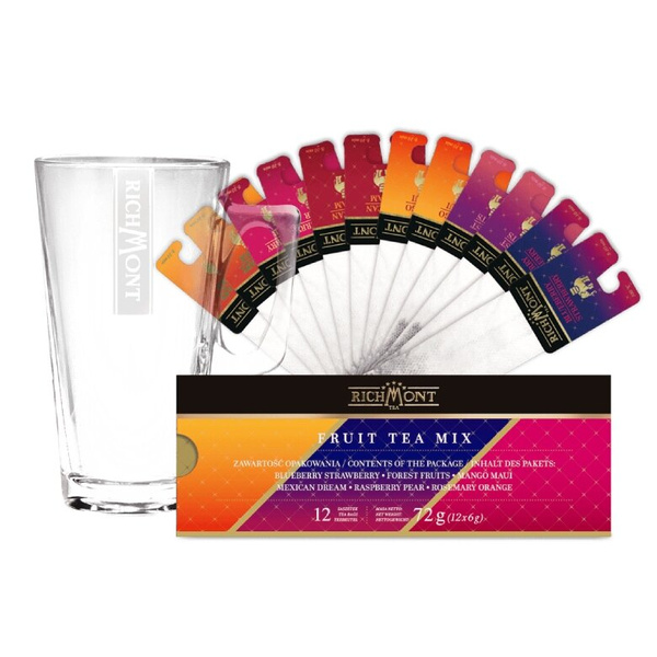 ZESTAW - MIX Owocowych Herbat Richmont Fruit Mix 12 saszetek + Szklanka Richmont Hot 370ml