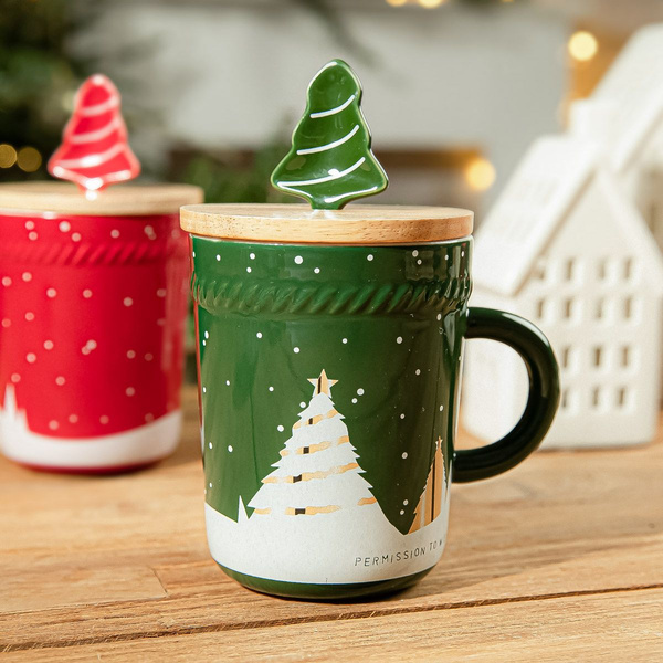 Kubek Świąteczny Homla TREE TIME z przykrywką i łyżeczką 280ml - Zielony - NIEDOSTĘPNY