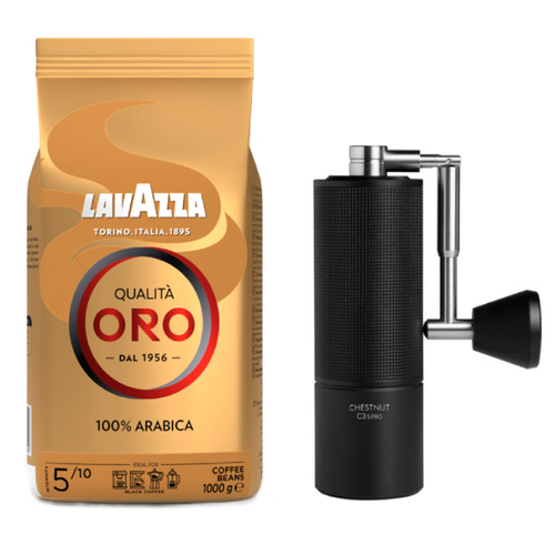 ZESTAW - Kawa ziarnista Lavazza Qualita Oro 1kg + Młynek do kawy Timemore C3S PRO - Czarny