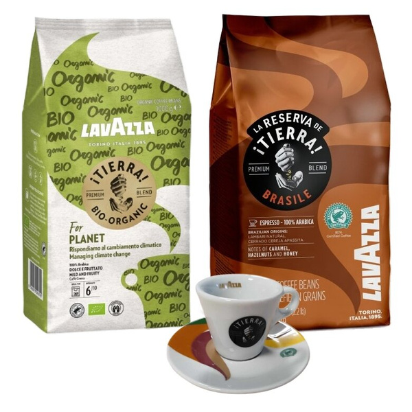ZESTAW - Kawa ziarnista Lavazza Tierra Brasil 100% Arabica 1kg + Lavazza Tierra for Planet 1kg + filiżanka