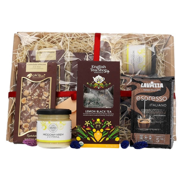 Zestaw prezentowy na imieniny - Kawa, herbata, miód i czekolada